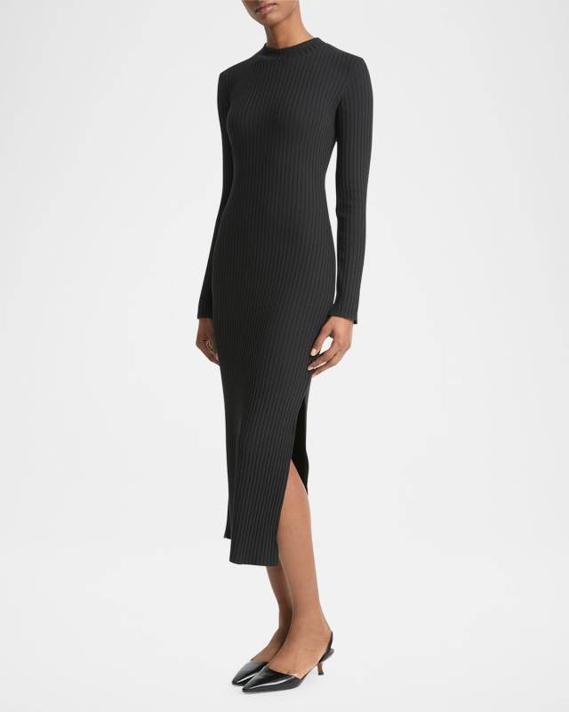 Ribbed Long-Sleeve Midi Dress
